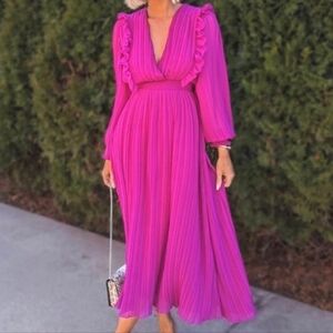 ZARA Purple Pink Pleated Midi Dress Chiffon Sheer Bloggers Favorite XS Sold Out